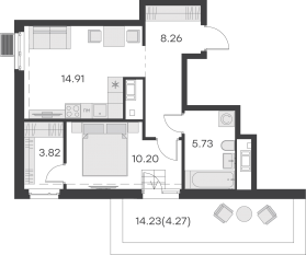 ЖК «GloraX Балтийская», планировка 1-комнатной квартиры, 48.60 м²