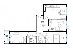 ЖК «Эко Видное 2.0», планировка 3-комнатной квартиры, 75.90 м²