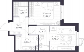 ЖК «Veren Nort сертолово», планировка 1-комнатной квартиры, 38.02 м²