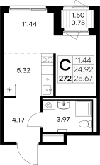 ЖК «GloraX Новоселье», планировка студии, 25.67 м²