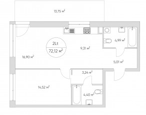 Апарт-комплекс «N'ice loft», планировка 2-комнатной квартиры, 72.50 м²