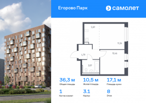 ЖК «Егорово Парк», планировка 1-комнатной квартиры, 36.25 м²