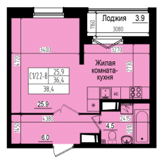 ЖК «Прагма City», планировка студии, 38.40 м²