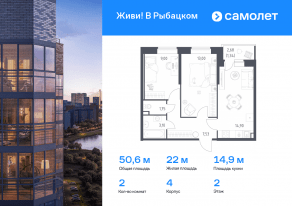 ЖК «Живи! В Рыбацком», планировка 2-комнатной квартиры, 50.62 м²