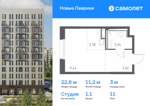 ЖК «Новые Лаврики», планировка студии, 22.58 м²