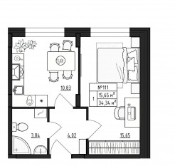 МЖК «Верево-Сити», планировка 1-комнатной квартиры, 34.34 м²