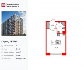 ЖК «Астра Континенталь», планировка студии, 24.67 м²