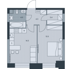 ЖК «EVER», планировка 1-комнатной квартиры, 39.50 м²