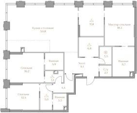 ЖК «Luzhniki Collection», планировка 3-комнатной квартиры, 161.20 м²
