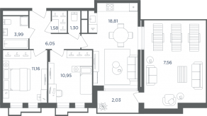 МФК «Равновесие», планировка 3-комнатной квартиры, 63.40 м²