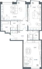 ЖК «iLove», планировка 3-комнатной квартиры, 105.90 м²