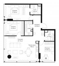 МФК «SLAVA», планировка 3-комнатной квартиры, 100.60 м²
