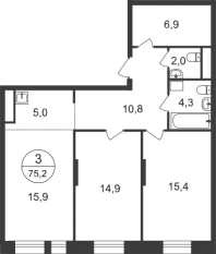 ЖК «Первый Московский», планировка 3-комнатной квартиры, 75.20 м²