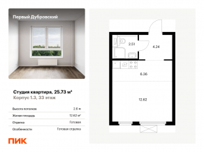 ЖК «Первый Дубровский», планировка студии, 25.73 м²