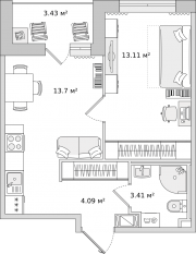 ЖК ЦДС «Dreamline», планировка 1-комнатной квартиры, 37.74 м²