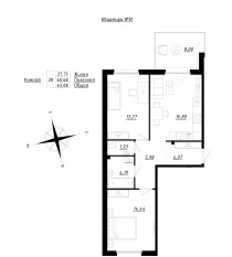 МЖК «Счастье 2.0», планировка 2-комнатной квартиры, 63.08 м²