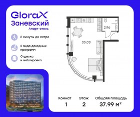 Апарт-комплекс «GloraX Заневский», планировка студии, 36.00 м²