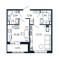 ЖК «Полис Приморский 2», планировка 1-комнатной квартиры, 34.10 м²