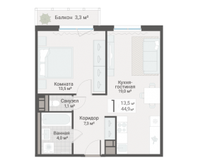 ЖК «Руднева, 15», планировка 1-комнатной квартиры, 44.90 м²