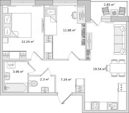 ЖК «Город Первых», планировка 2-комнатной квартиры, 56.30 м²