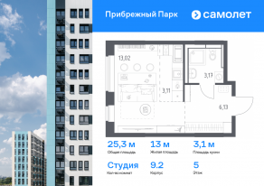 ЖК «Прибрежный Парк», планировка студии, 25.30 м²