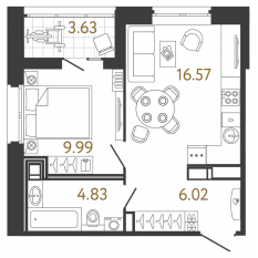 ЖК «Ultra City 3.0», планировка 1-комнатной квартиры, 37.41 м²