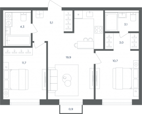 МФК «Равновесие», планировка 2-комнатной квартиры, 58.10 м²