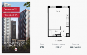 МФК «Варшавские ворота», планировка студии, 32.80 м²