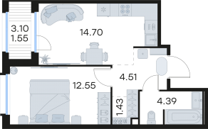 ЖК «GloraX Парголово», планировка 1-комнатной квартиры, 39.13 м²