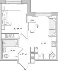 ЖК ЦДС «Dreamline», планировка 1-комнатной квартиры, 33.97 м²