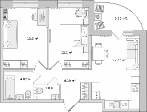 ЖК ЦДС «Dreamline», планировка 2-комнатной квартиры, 54.10 м²