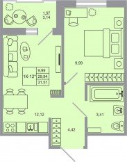 ЖК «Стороны света-2», планировка 1-комнатной квартиры, 31.51 м²