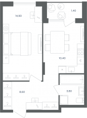 МФК «Равновесие», планировка 1-комнатной квартиры, 37.50 м²