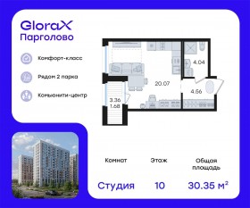 ЖК «GloraX Парголово», планировка студии, 30.35 м²