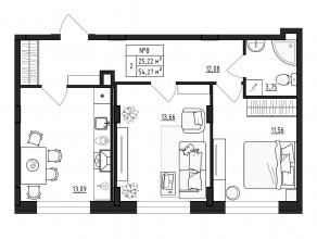 МЖК «Верево-Сити», планировка 2-комнатной квартиры, 54.27 м²
