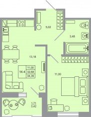 ЖК «Стороны света-2», планировка 1-комнатной квартиры, 34.39 м²