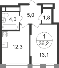 ЖК «Переделкино Ближнее», планировка 1-комнатной квартиры, 36.20 м²