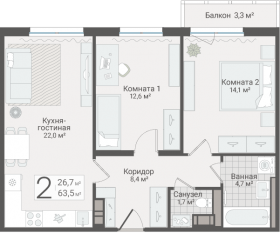 ЖК «Руднева, 15», планировка 2-комнатной квартиры, 63.50 м²