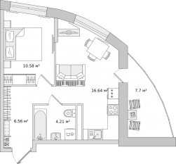 ЖК ЦДС «Новые Горизонты», планировка 1-комнатной квартиры, 39.10 м²