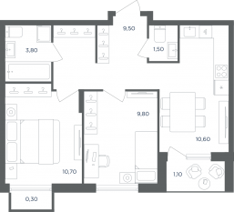МФК «Равновесие», планировка 2-комнатной квартиры, 45.70 м²