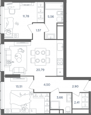 ЖК «Headliner», планировка 3-комнатной квартиры, 67.30 м²