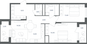 МФК «Равновесие», планировка 3-комнатной квартиры, 60.90 м²