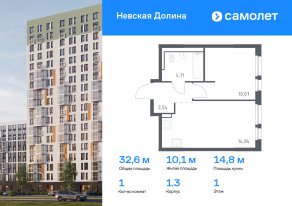 ЖК «Невская Долина», планировка 1-комнатной квартиры, 32.56 м²