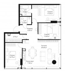 МФК «SLAVA», планировка 3-комнатной квартиры, 103.10 м²