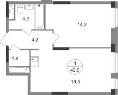 ЖК «Первый Московский», планировка 1-комнатной квартиры, 42.90 м²