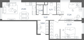 ЖК «Headliner», планировка 3-комнатной квартиры, 81.00 м²
