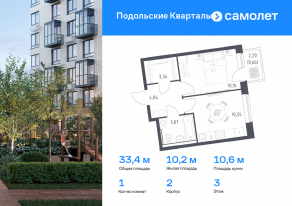 ЖК «Подольские Кварталы», планировка 1-комнатной квартиры, 33.42 м²