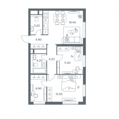 ЖК «iLove», планировка 3-комнатной квартиры, 69.40 м²