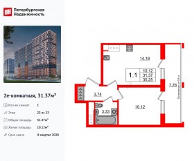 ЖК «Город звезд», планировка 1-комнатной квартиры, 31.37 м²