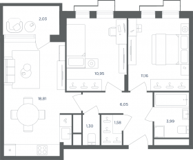 МФК «Равновесие», планировка 3-комнатной квартиры, 56.00 м²